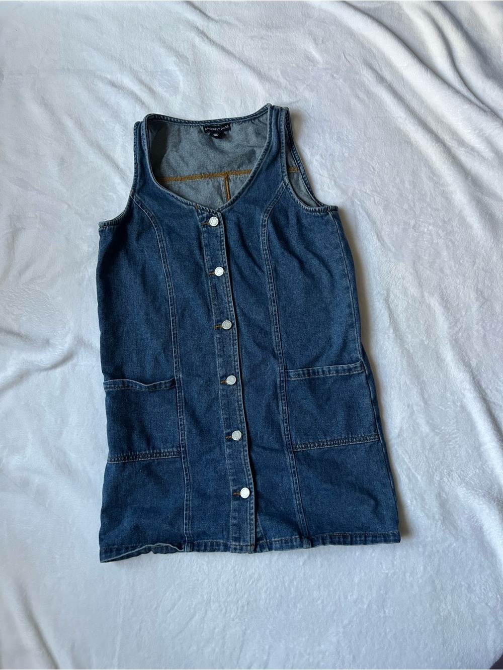 Sincerely Jules Women’s Small Denim Mini Dress Button Front Pockets Sleeveless